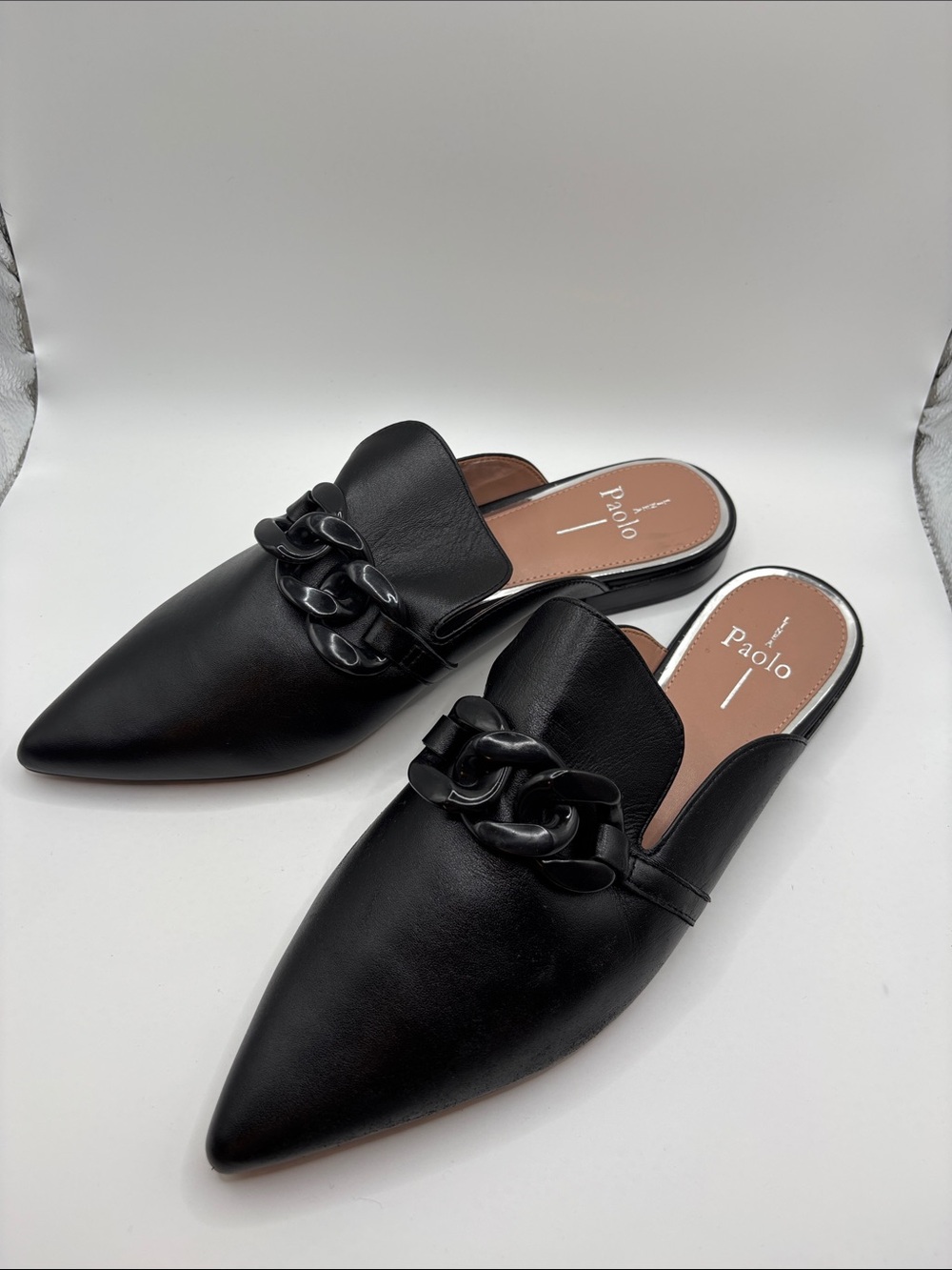 Paolo Black Pointed Leather Chain-Accent Mules